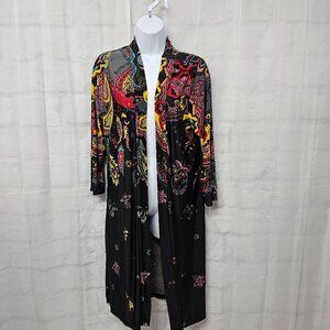 Reborn Black Paisley-Print Kimono with Red & Yellow Accents